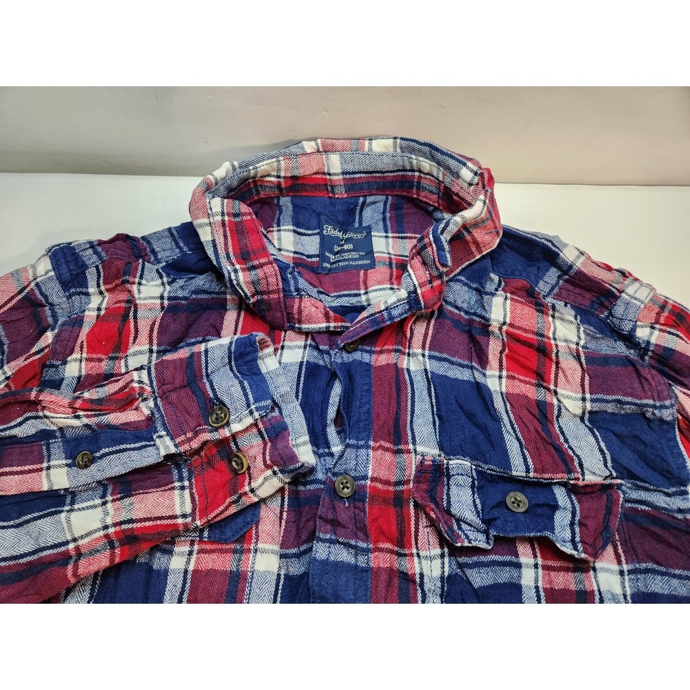 Faded Glory Mens Flannel Shirt Long Sleeve Plaid Button Up Red Blue Size M